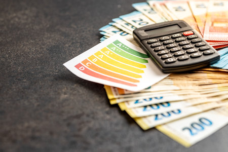 Energetic label, euro money and calculator on the black table.の写真素材