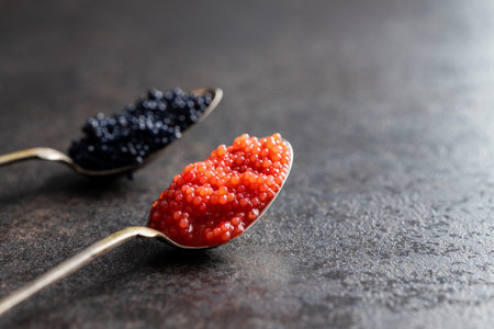 Red and black caviar in silver spoons on the dark table.の写真素材