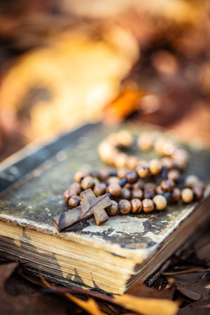 Wooden rosary beads and holy bible book lying on the autumn leaves.
