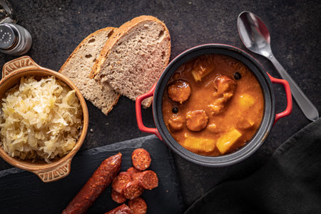 The cabbage soup in the pot. Healthy vegetable soup. Top view.の写真素材