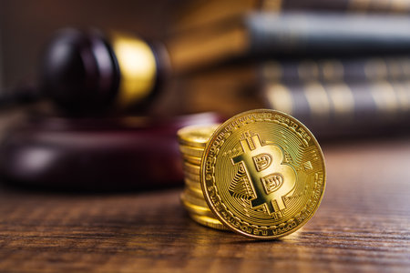 Cryptocurrency. Bitcoin virtual money. Golden coins and the judge gavel.の写真素材