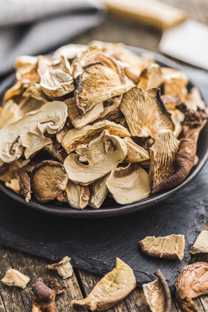 Various sliced dried mushrooms on the plate.の写真素材