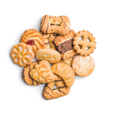 Assorted various cookies. Sweet biscuits isolated on the white background.の写真素材