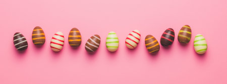 Chocolate easter eggs on the pink background. Top view.の写真素材