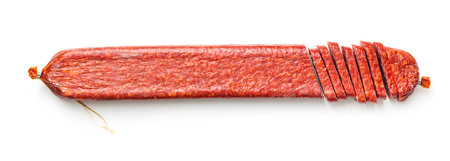 Smoked sausage. Sliced salami isolated on the white background.の写真素材