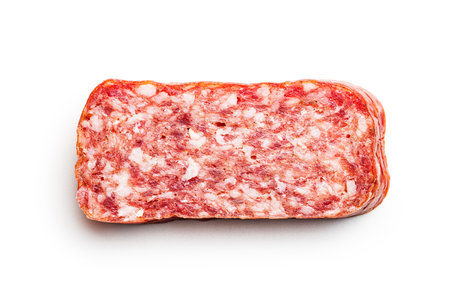 Smoked sausage. Sliced salami isolated on the white background.の写真素材