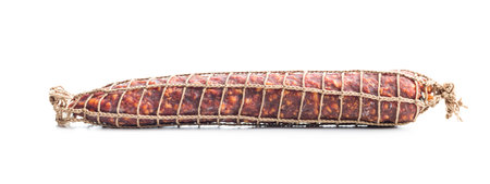 Smoked sausage. Salami isolated on the white background.の写真素材