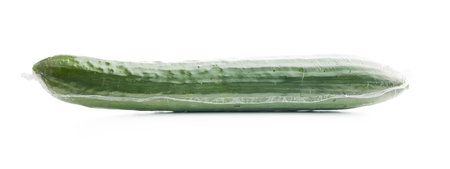 Fresh green cucumber wrapped in plastic wrap isolated on the white background.の写真素材
