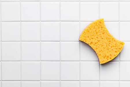 Sponges for washing dishes on the tiles. Top view.の写真素材