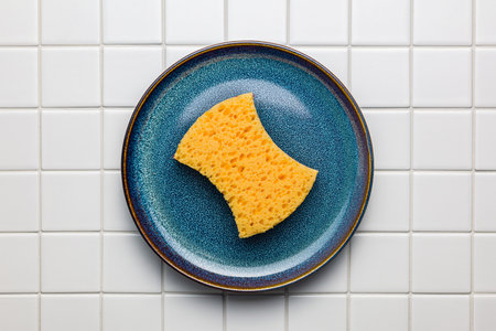 Sponge for washing dishes on the plate on tiles. Top view.