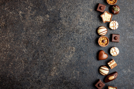 Sweet chocolate pralines. Tasty chocolate truffles on the black table. Top view.の写真素材