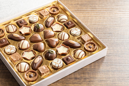 Sweet chocolate pralines. Tasty chocolate truffles in the box.の写真素材