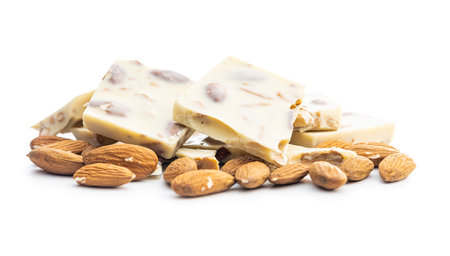 White chocolate bars with almonds isolated on the white background.の写真素材