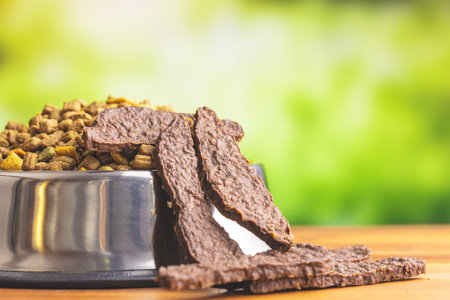 The dried meat for dogs. Chewy treat for dogs and dry kibble.の写真素材