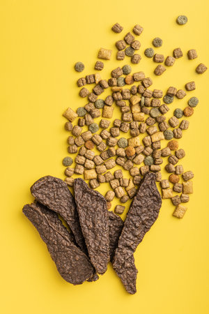 Dry kibble pet food and dry meat. Dog or cat food on the yellow background. Top view.の写真素材