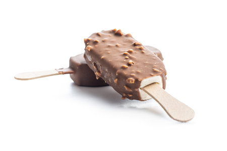ice cream covered with chocolate isolated on the white background.の写真素材