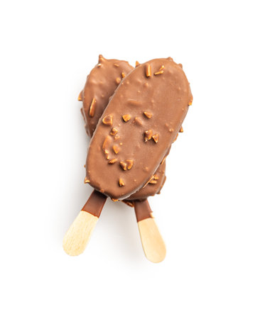 ice creams covered with chocolate isolated on the white background.の写真素材