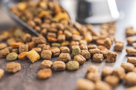 Dry kibble pet food. Dog or cat food on the old table.の写真素材
