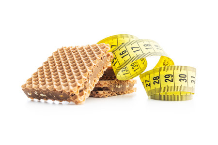 Sweet chocolate wafer and measuring tape isolated on the white background.の写真素材