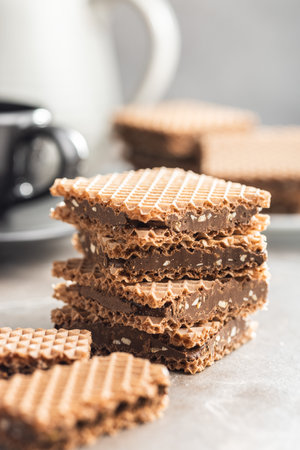 Sweet chocolate wafer on the kitchen table.の写真素材