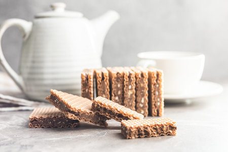 Sweet chocolate wafer on the kitchen table.の写真素材