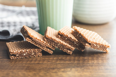 Sweet chocolate wafer on the wooden table.の写真素材