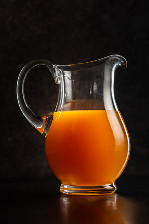 A pitcher bottle of fruit juice. Orange juice on the black table.の写真素材