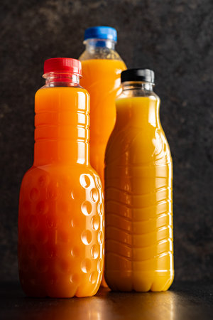 A plastic bottle of fruit juice. Orange juice on the black table.の写真素材