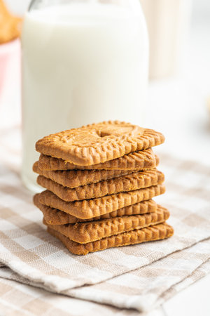 Sweet caramel biscuits. Tasty cookies on the checkered napkin.の写真素材