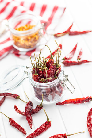 Red chili peppers in jar on the white table.の写真素材