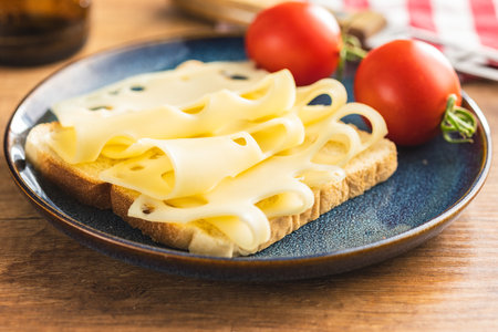 Slices of cheese on bread on the plate. Tasty sandwiches.の写真素材