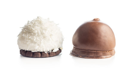 Chocolate covered marshmallows. Sweet dessert isolated on the white background.の写真素材