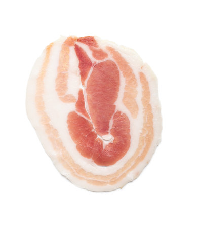 Italian panchetta piancetina. Sliced smoked bacon isolated on the white background.の写真素材