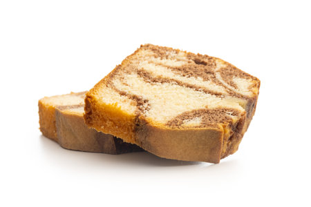 Marble sponge cake. Cake with cocoa and vanilla taste isolated on the white background.の写真素材