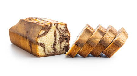Marble sponge cake. Cake with cocoa and vanilla taste isolated on the white background.の写真素材