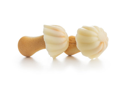Candy in the shape of a mushroom. White chocolate mushrooms isolated on the white background.の写真素材