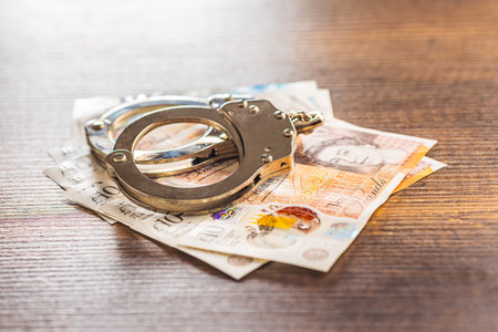 Handcuffs and British pound sterling on the wooden table.の写真素材