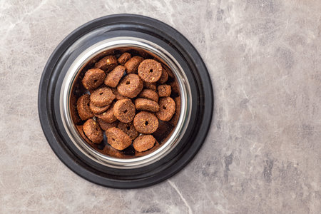 Dry animal food. Dog or cat kibble isolated in bowl on the wooden table.