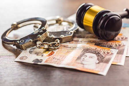 Judge gavel, handcuffs and British pound sterling on the wooden table.の写真素材