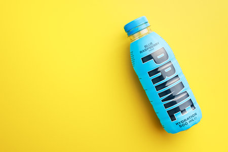 Prime Hydration Drink. Bottle drink on the yellow background.のeditorial素材