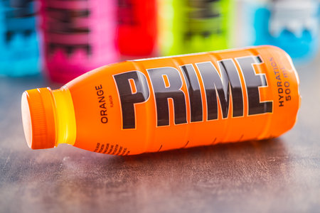 Prime Energy Drink. Bottle drink on the rustic background.のeditorial素材