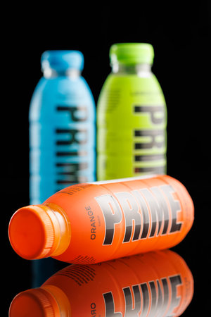 Prime Energy Drink. Bottle drink on the black table.のeditorial素材
