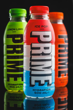Prime Energy Drink. Bottle drink on the black table.のeditorial素材