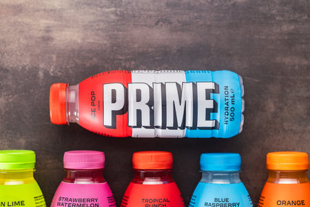 Prime Energy Drink. Bottle drink on the rustic background. Top view.のeditorial素材