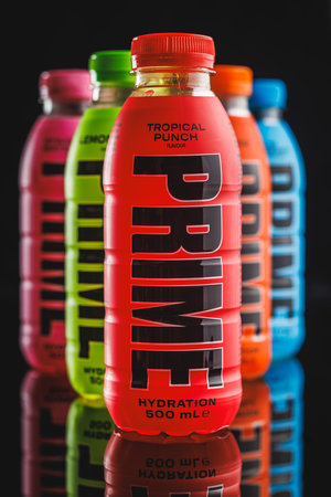 Prime Energy Drink. Bottle drink on the black table.のeditorial素材