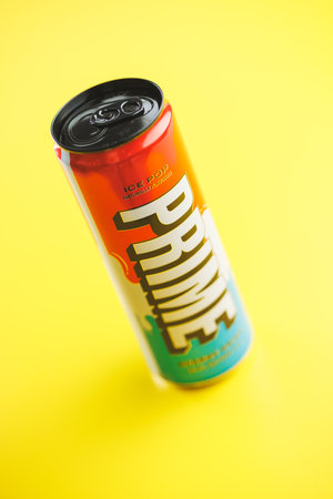 Prime Energy Drink. Bottle drink on the yellow background.のeditorial素材