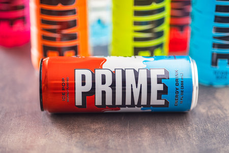 Prime Energy Drink. Bottle drink on the rustic background.のeditorial素材