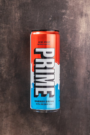 Prime Energy Drink. Bottle drink on the rustic background. Top view.のeditorial素材