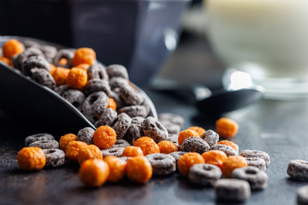 Sweet breakfast cereals on the kitchen table.の写真素材