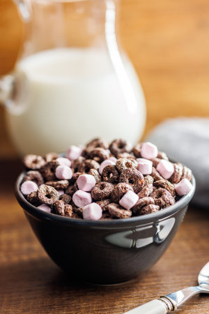 Sweet breakfast cereals in a bowl on the kitchen table.の写真素材